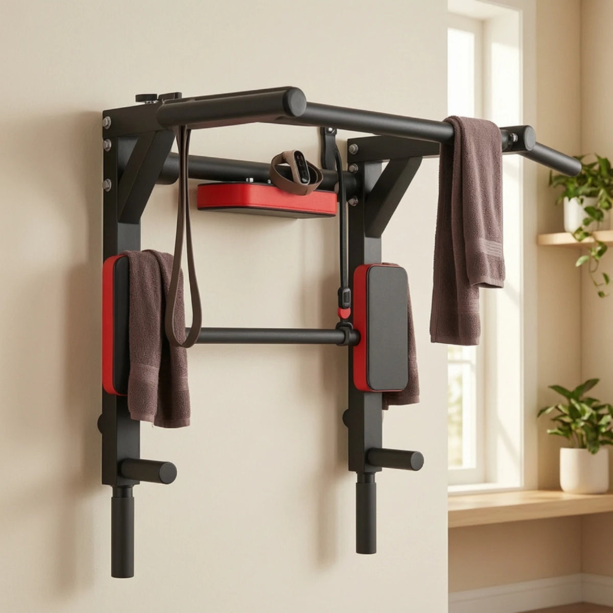 Wall-Attached Bar with Workout Station Multifunctional Pull up Bar with Padded Arm Supports Heavy Workout Station with Handles
