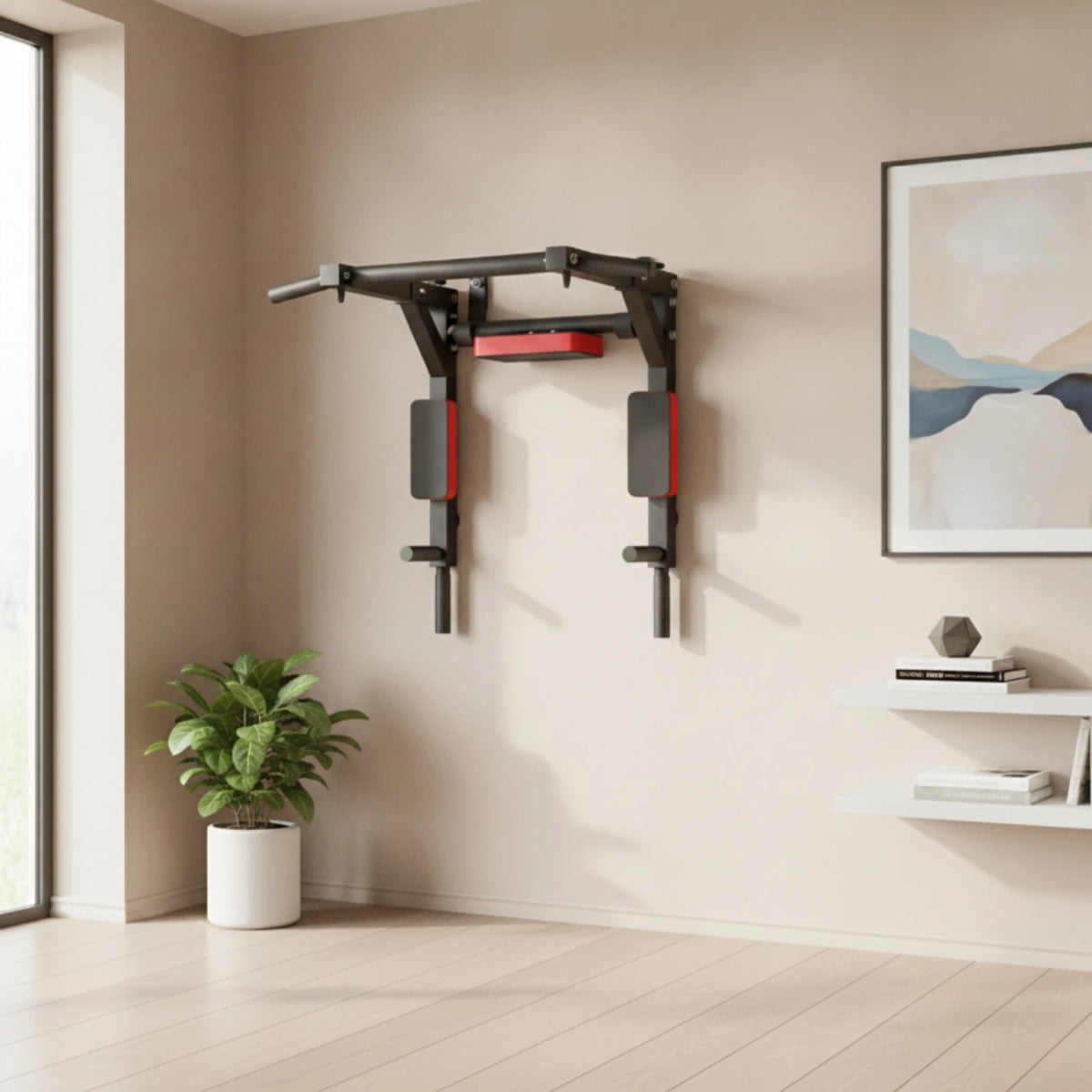Wall-Attached Bar with Workout Station Multifunctional Pull up Bar with Padded Arm Supports Heavy Workout Station with Handles
