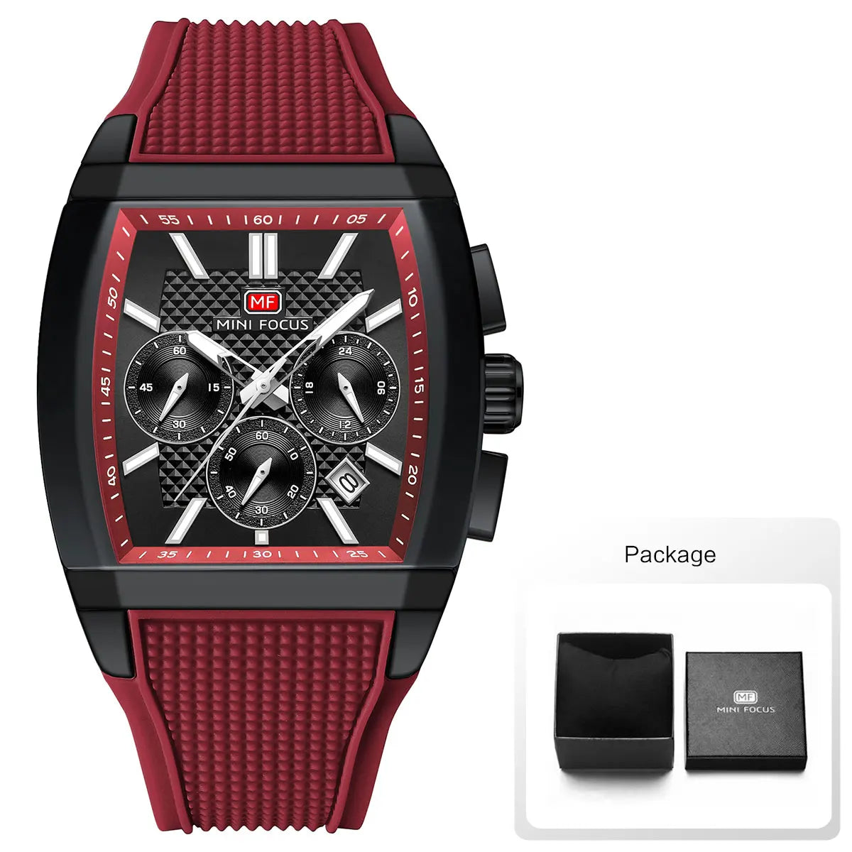 MINI FOCUS Men's Quartz Watch Multifunctional Chronograph Sports Wristwatch with Silicone Strap Luminous Hands Tonneau Dial Date