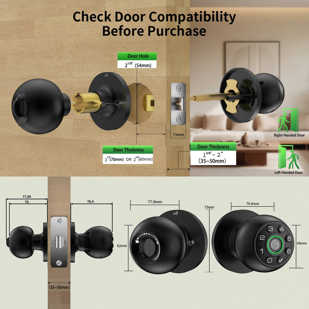 ICCSSI Smart Spherical Lock Tuya Door Lock Fingerprint Lock Four Unlocking Ways Fingerprint/Password/Key/Tuya for Airbnb Bedroom