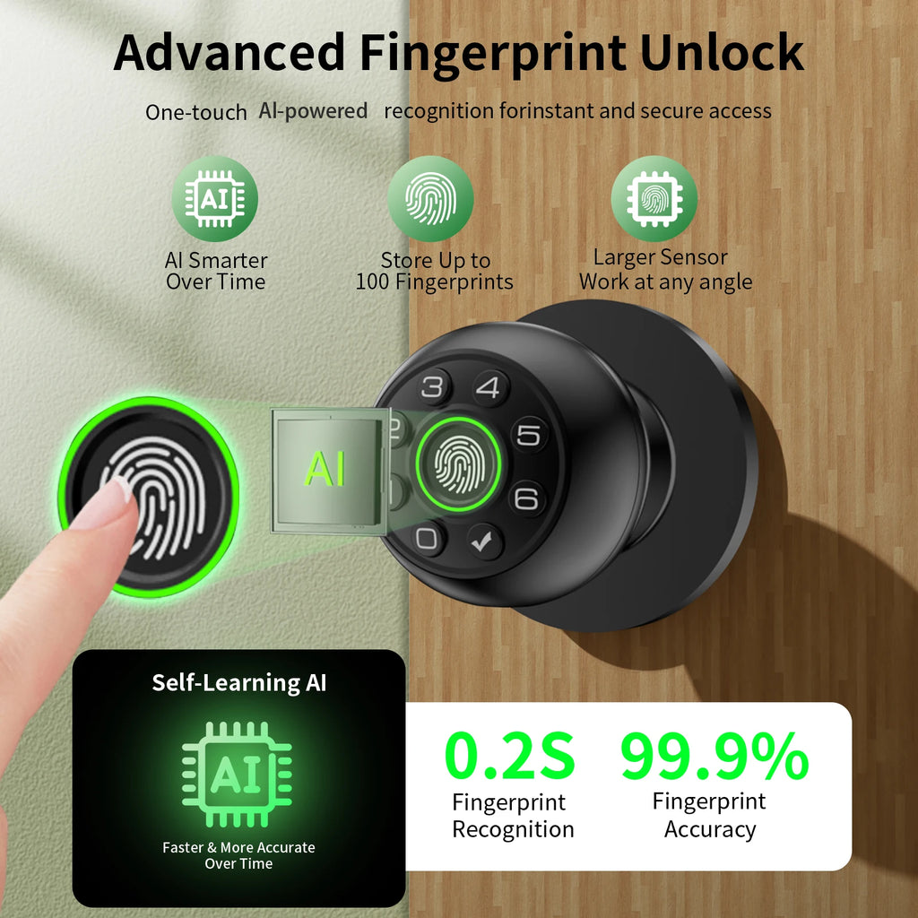 ICCSSI Smart Spherical Lock Tuya Door Lock Fingerprint Lock Four Unlocking Ways Fingerprint/Password/Key/Tuya for Airbnb Bedroom